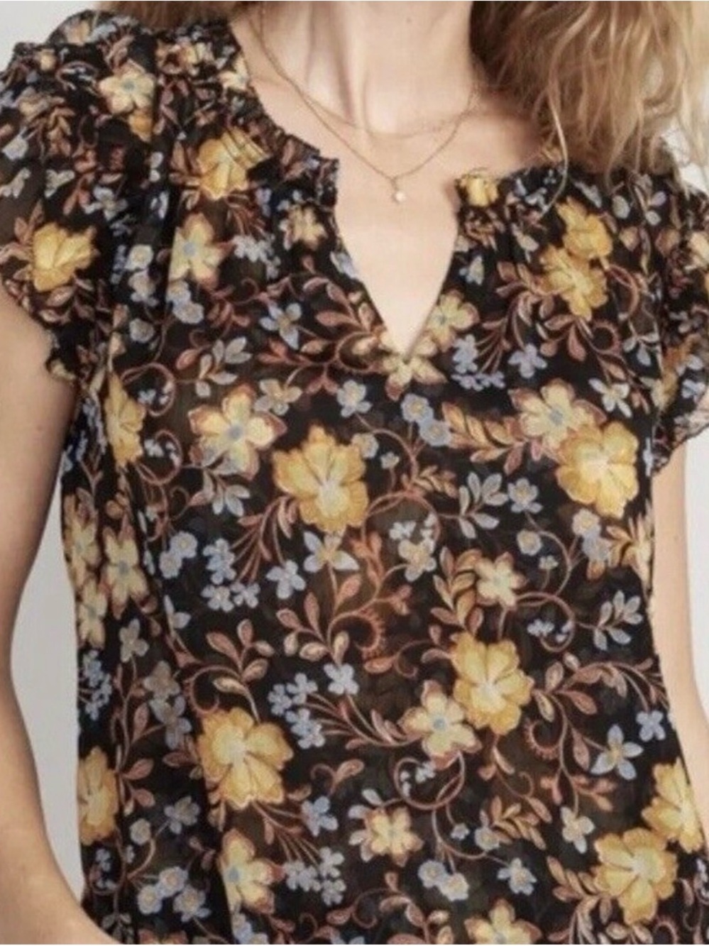 NWT Old Navy Black Yellow Floral flutter Short-Sleeve button Women's Top 2x